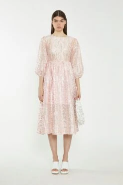 Glamorous Pink Flower Organza Midi Dress