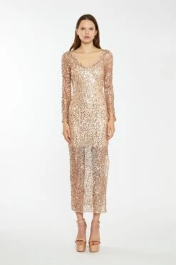 Glamorous Rose-Gold Sequin Mesh V-Neck Maxi-Dress