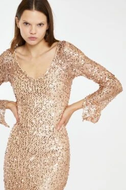 Glamorous Rose-Gold Sequin Mesh V-Neck Maxi-Dress -Cheap Softly Dressed Store AN4615 BE81 04