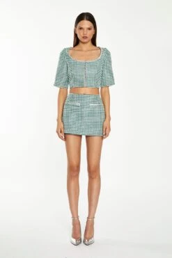 Glamorous Green-White Houndstooth Round-Neck Diamante Trim Crop-Top -Cheap Softly Dressed Store AN4629 DM07 01