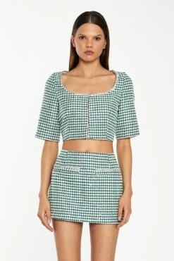 Glamorous Green-White Houndstooth Round-Neck Diamante Trim Crop-Top