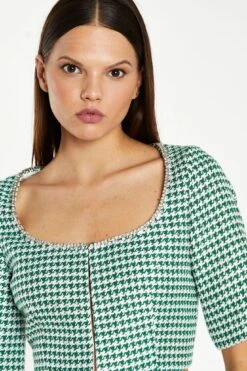 Glamorous Green-White Houndstooth Round-Neck Diamante Trim Crop-Top -Cheap Softly Dressed Store AN4629 DM07 04