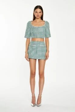 Glamorous Green-White Houndstooth Diamante Trim Mini-Skirt -Cheap Softly Dressed Store AN4630 DM07 01