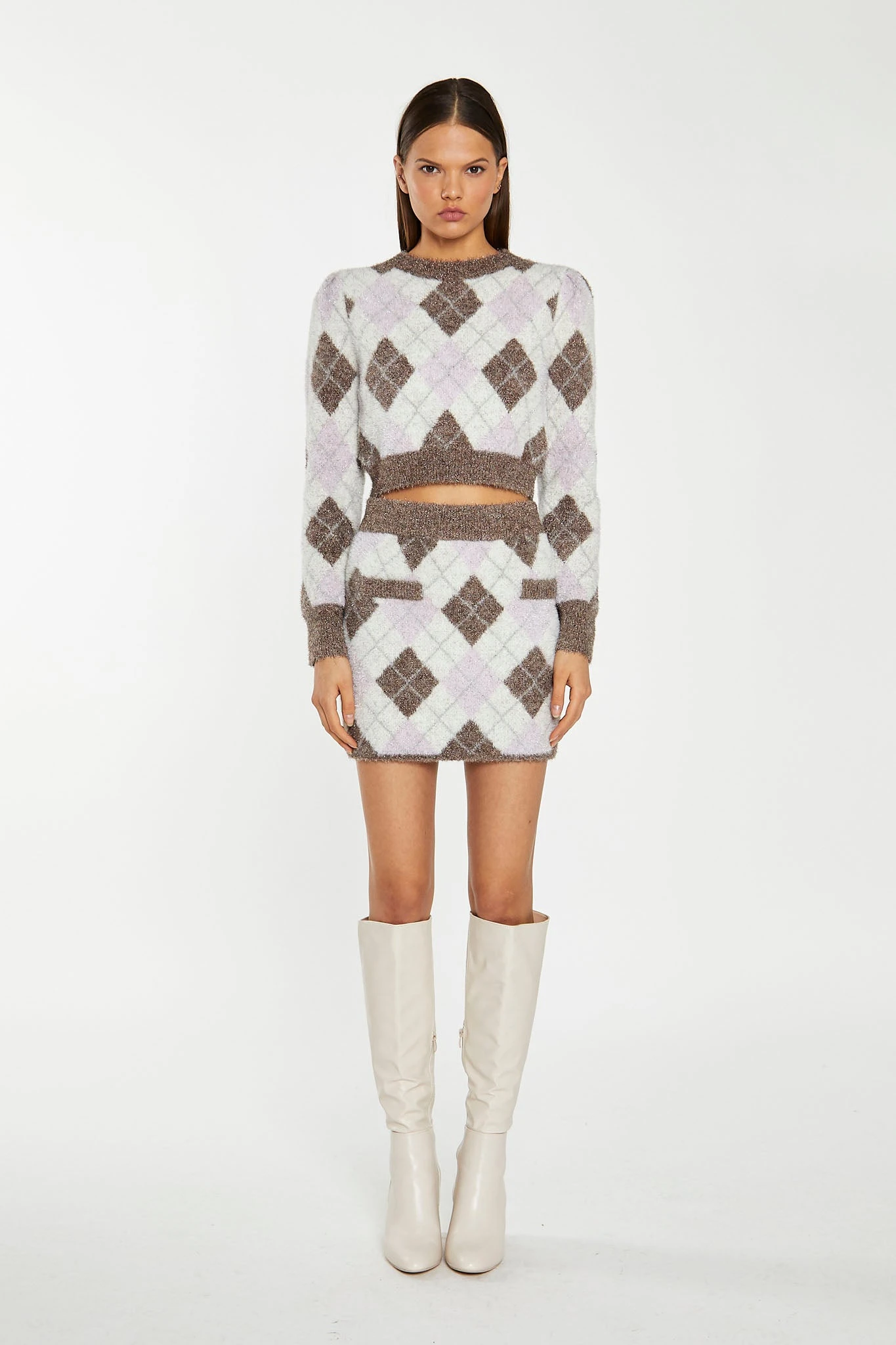 Glamorous Brown Multi-Argyle Glitter Knit Crop-Jumper 4 Glamorous Brown Multi-Argyle Glitter Knit Crop-Jumper - Image 4