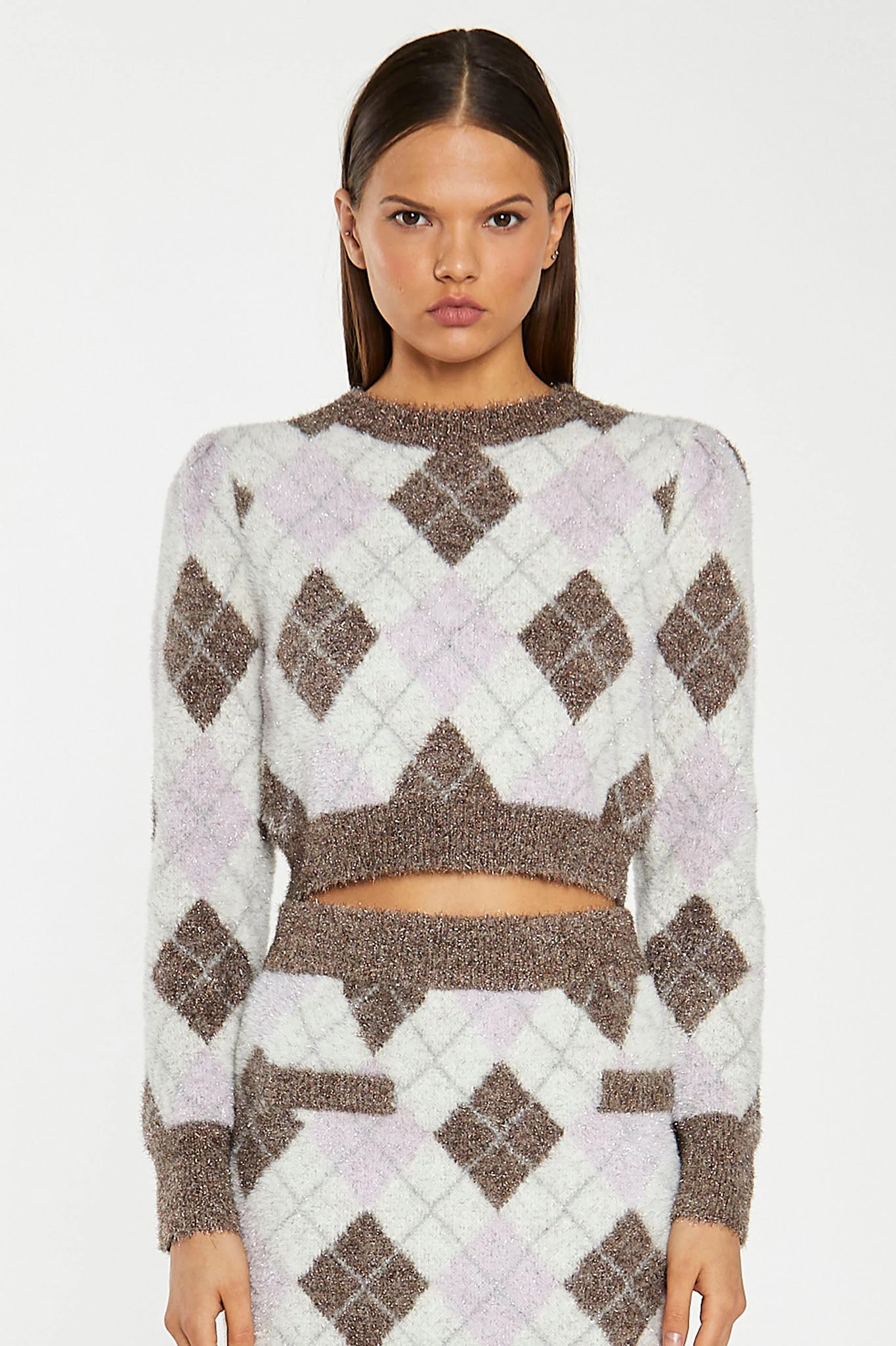 Glamorous Brown Multi-Argyle Glitter Knit Crop-Jumper 3 Glamorous Brown Multi-Argyle Glitter Knit Crop-Jumper - Image 3