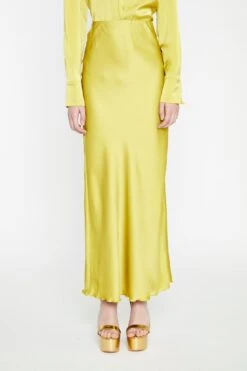 Glamorous Chartreuse Satin Bias-Cut Midi-Skirt