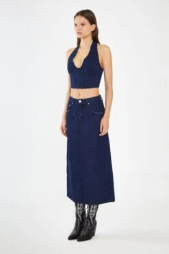Glamorous Indigo-Blue Front Split Denim Maxi-Skirt -Cheap Softly Dressed Store AN4709 X92 04 1