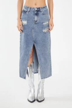 Glamorous Heavy-Vintage Wash Front-Split Distressed Denim Midi-Skirt