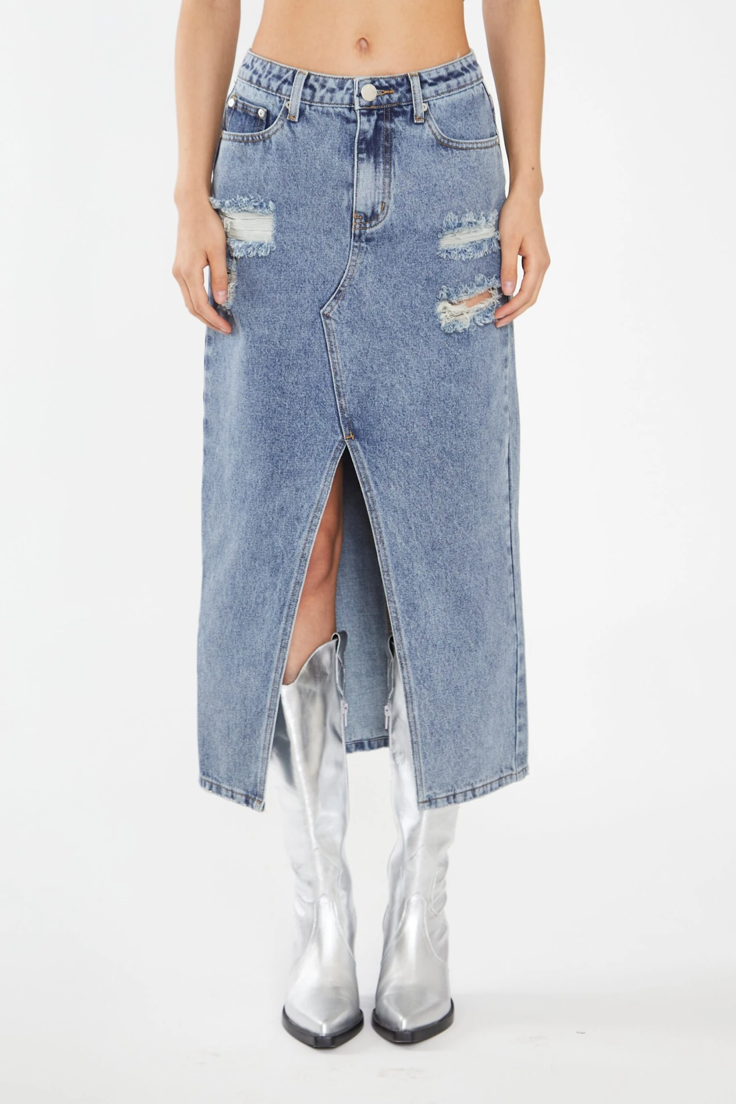 Glamorous Heavy-Vintage Wash Front-Split Distressed Denim Midi-Skirt 1 Glamorous Heavy-Vintage Wash Front-Split Distressed Denim Midi-Skirt