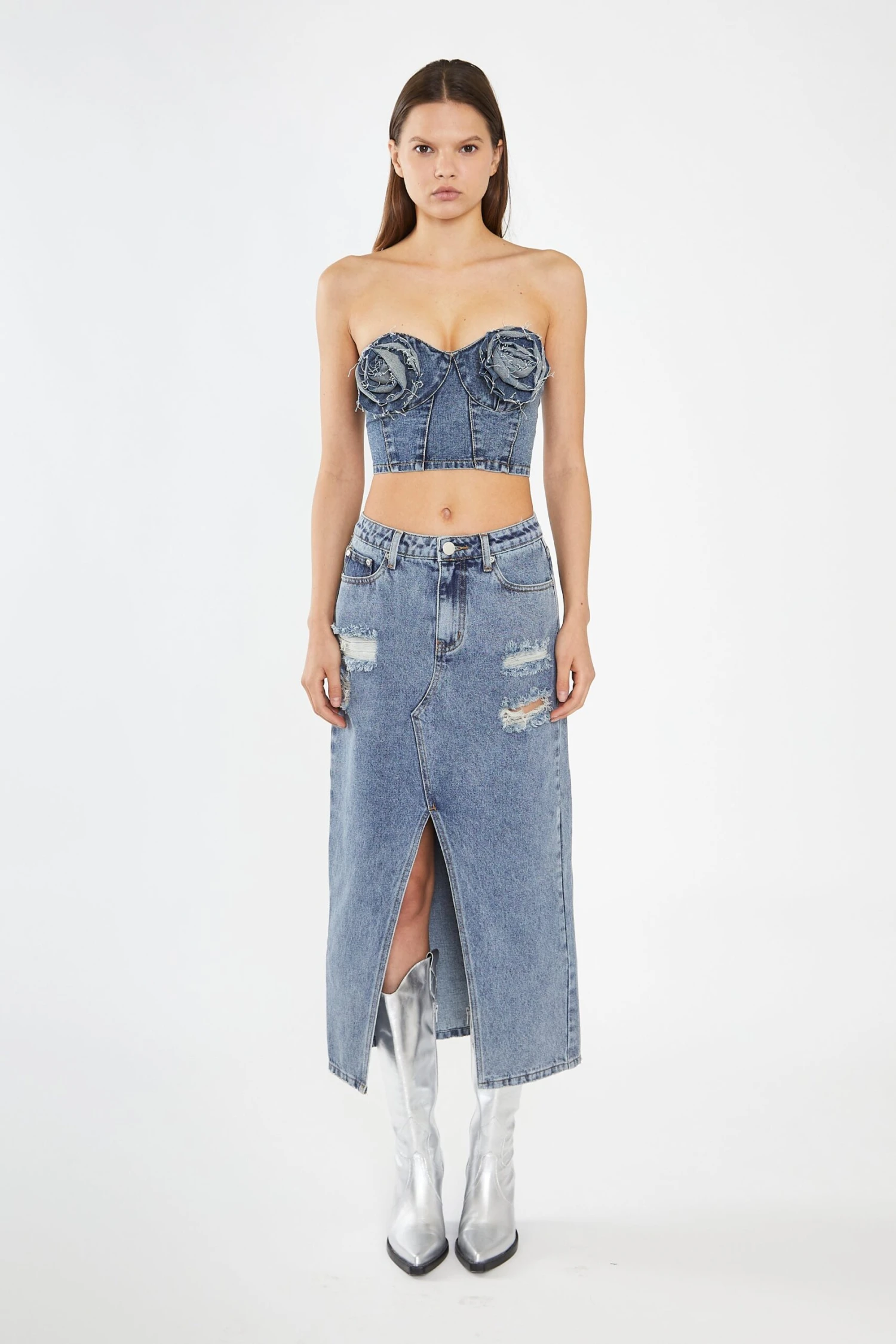 Glamorous Heavy-Vintage Wash Front-Split Distressed Denim Midi-Skirt 3 Glamorous Heavy-Vintage Wash Front-Split Distressed Denim Midi-Skirt - Image 3