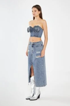 Glamorous Heavy-Vintage Wash Denim Corsage Crop-Top -Cheap Softly Dressed Store AN4711 DN83 04