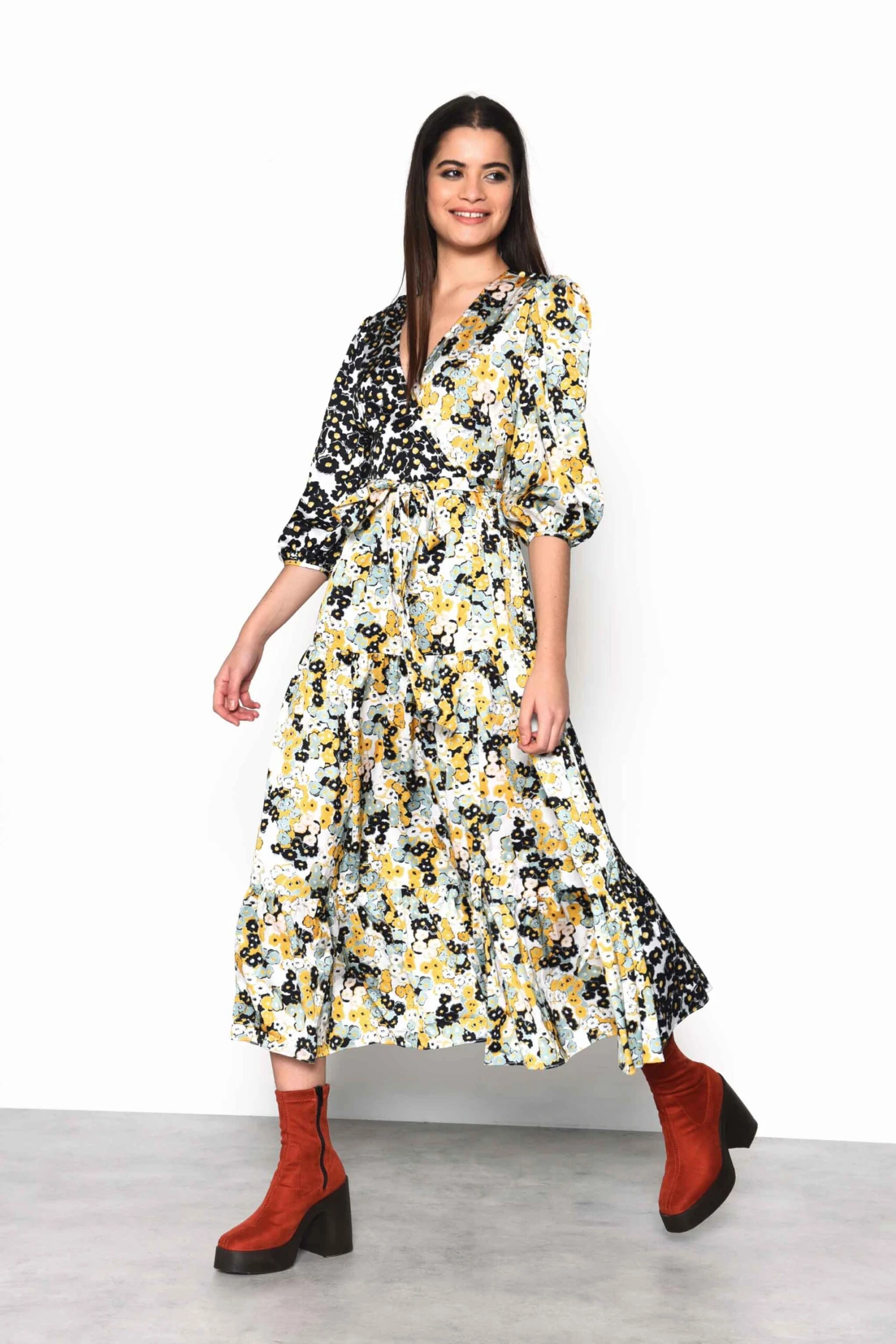 Glamorous Mono Mustard Floral Wrap Front Tiered Midaxi Dress 1 Glamorous Mono Mustard Floral Wrap Front Tiered Midaxi Dress