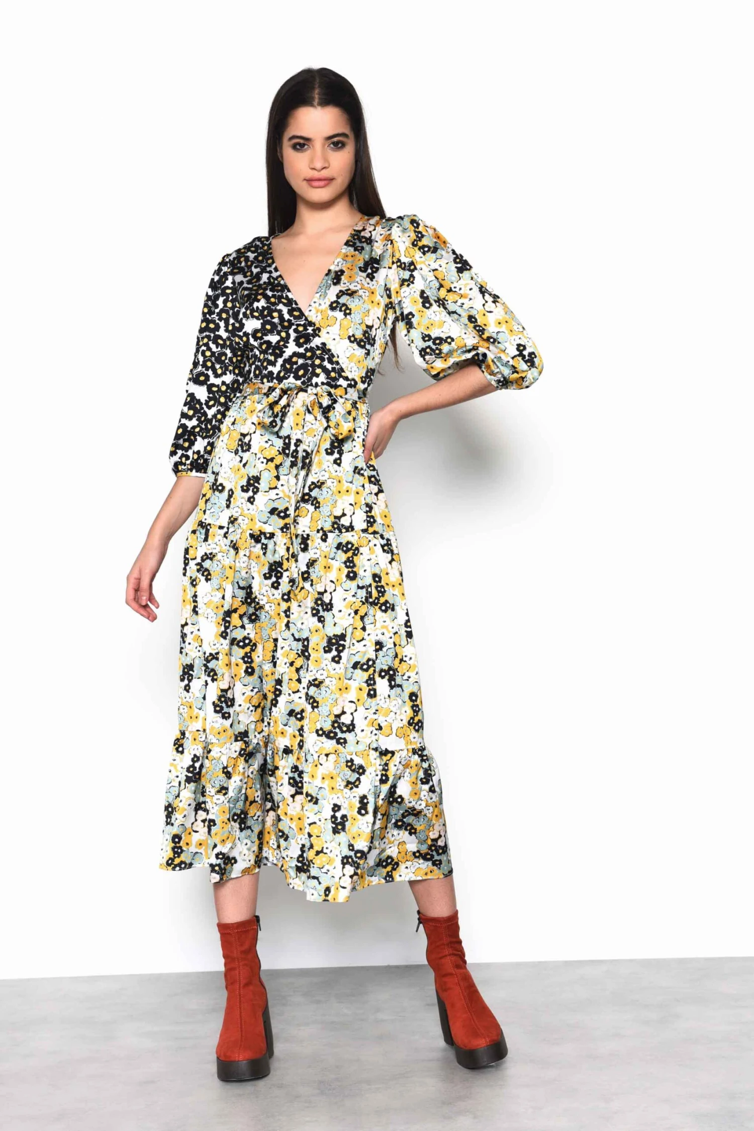Glamorous Mono Mustard Floral Wrap Front Tiered Midaxi Dress 3 Glamorous Mono Mustard Floral Wrap Front Tiered Midaxi Dress - Image 3