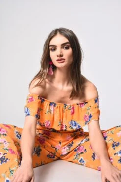 Glamorous Orange Tropical Print Bardot Jumpsuit 5 Glamorous Orange Tropical Print Bardot Jumpsuit -Cheap Softly Dressed Store AV00078 OT 01