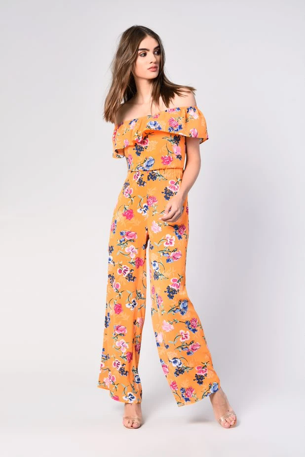 Glamorous Orange Tropical Print Bardot Jumpsuit 1 Glamorous Orange Tropical Print Bardot Jumpsuit