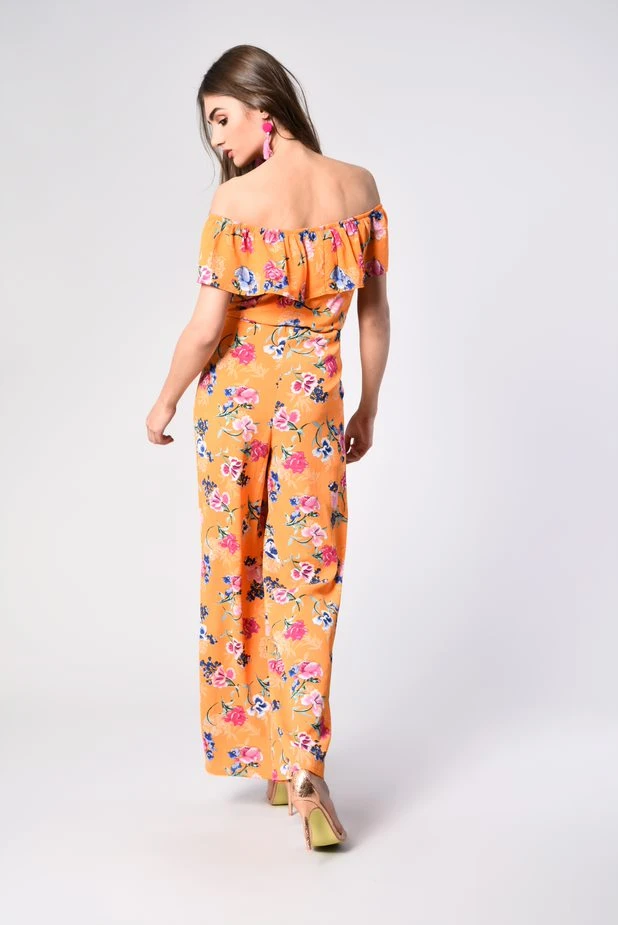 Glamorous Orange Tropical Print Bardot Jumpsuit 2 Glamorous Orange Tropical Print Bardot Jumpsuit - Image 2