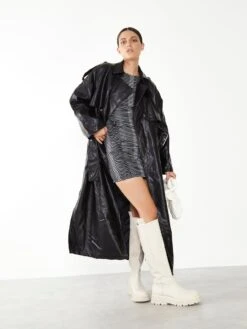 Glamorous Black Faux Leather Longline Trench Coat -Cheap Softly Dressed Store BLACK TRENCH 002