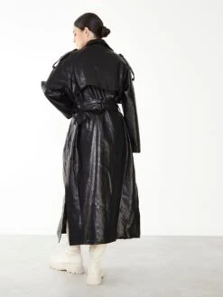 Glamorous Black Faux Leather Longline Trench Coat -Cheap Softly Dressed Store BLACK TRENCH 004