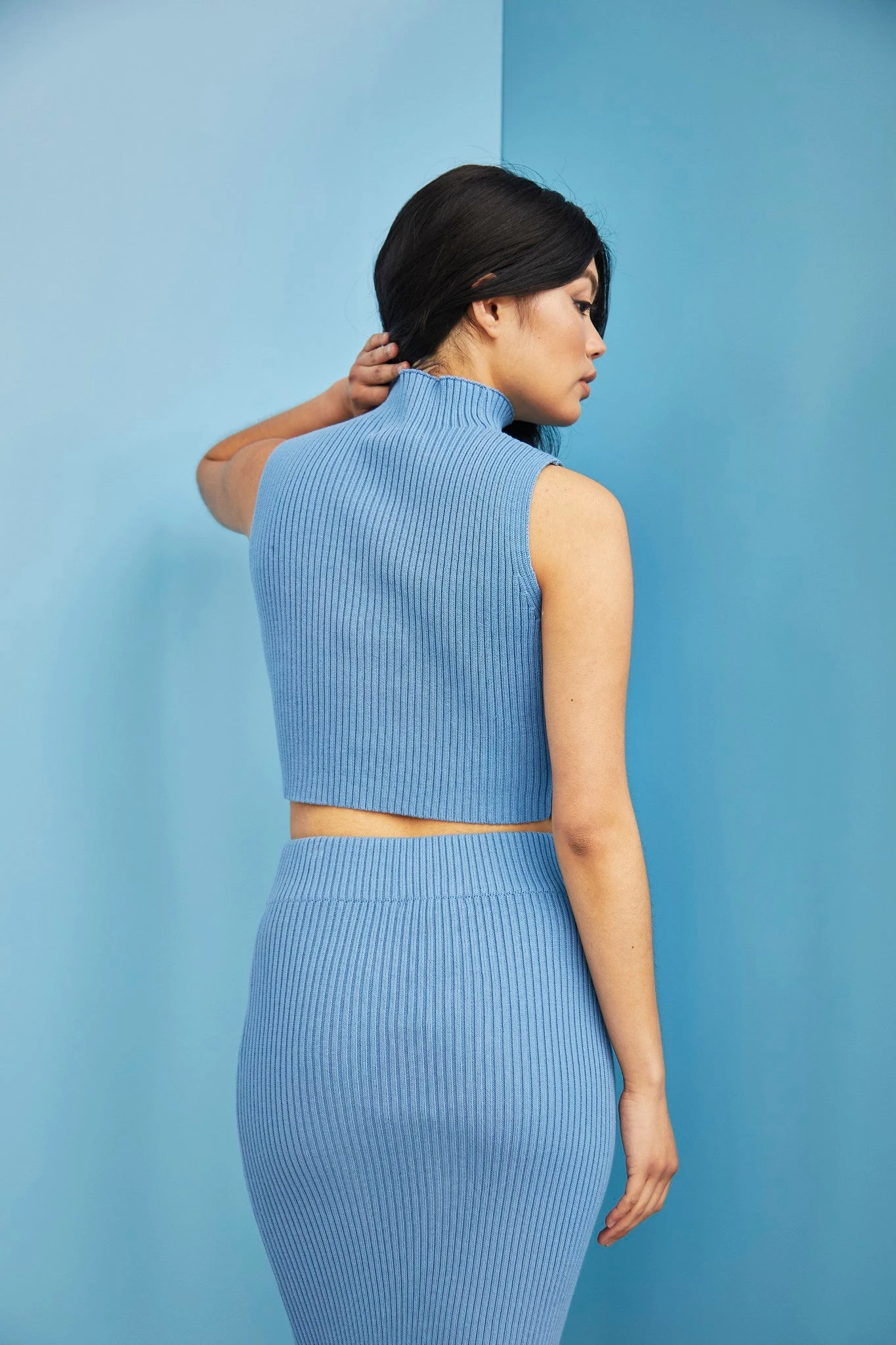 Glamorous Care Denim Blue High Neck Ribbed Top 2 Glamorous Care Denim Blue High Neck Ribbed Top - Image 2