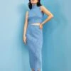 Glamorous Care Denim Blue High Waisted Ribbed Midi Skirt