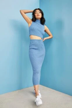Glamorous Care Denim Blue High Waisted Ribbed Midi Skirt -Cheap Softly Dressed Store CA0013 DBL 03