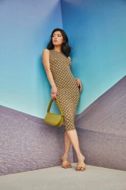 Glamorous Care Khaki Hounds Tooth High Neck Midi Dress