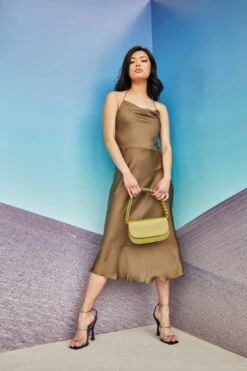 Glamorous Care Khaki Satin Cowl Neck Midi Dress -Cheap Softly Dressed Store CA0232 KHA 04