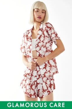 Glamorous Brown Resort-Floral Loose Fit Collared-shirt