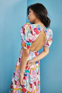 Glamorous Care Abstract Rainbow Print V- Neck Puff Shoulder Midi Dress -Cheap Softly Dressed Store CA0261 CV79 02