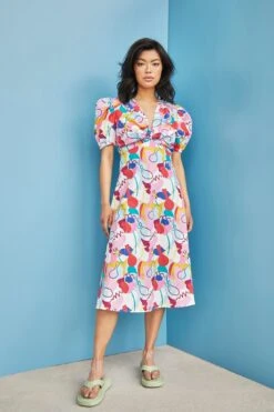 Glamorous Care Abstract Rainbow Print V- Neck Puff Shoulder Midi Dress -Cheap Softly Dressed Store CA0261 CV79 03