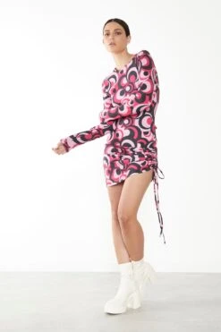 Glamorous Care Pink Circle Print Drawstring Ruched Mini Dress -Cheap Softly Dressed Store CA0310 CY54 03
