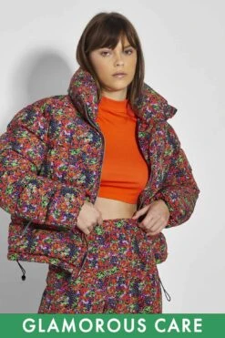 Glamorous Care Purple Orange Ditsy Padded Puffer Coat