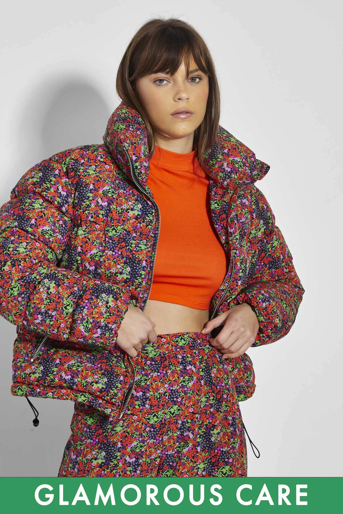 Glamorous Care Purple Orange Ditsy Padded Puffer Coat 1 Glamorous Care Purple Orange Ditsy Padded Puffer Coat