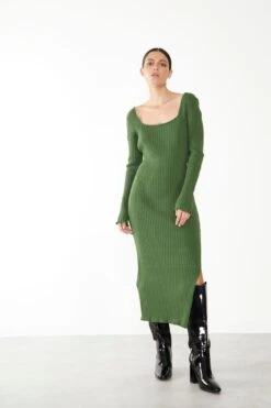 Glamorous Care Green Ribbed Long Sleeve Midi Dress -Cheap Softly Dressed Store CA0334 GRE 03