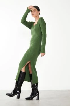 Glamorous Care Green Ribbed Long Sleeve Midi Dress -Cheap Softly Dressed Store CA0334 GRE 04