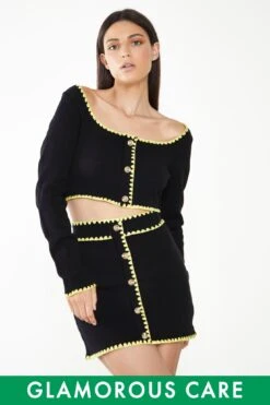 Glamorous Care Black Button Up Cardigan With Yellow Scalloped Trim