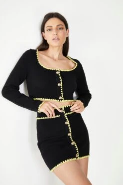 Glamorous Care Black Button Up Cardigan With Yellow Scalloped Trim 7 Glamorous Care Black Button Up Cardigan With Yellow Scalloped Trim -Cheap Softly Dressed Store CA0346 BK 04