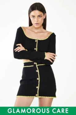 Glamorous Care Black Button Up Mini Skirt With Yellow Scalloped Trim