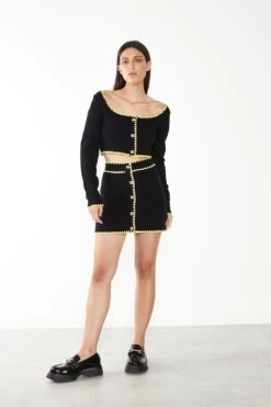 Glamorous Care Black Button Up Mini Skirt With Yellow Scalloped Trim -Cheap Softly Dressed Store CA0347 BK 03