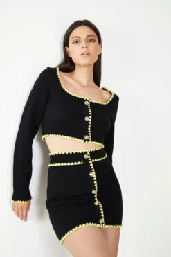 Glamorous Care Black Button Up Mini Skirt With Yellow Scalloped Trim -Cheap Softly Dressed Store CA0347 BK 04