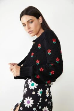 Glamorous Care Black Floral Button Up Cardigan -Cheap Softly Dressed Store CA0354 BK 04