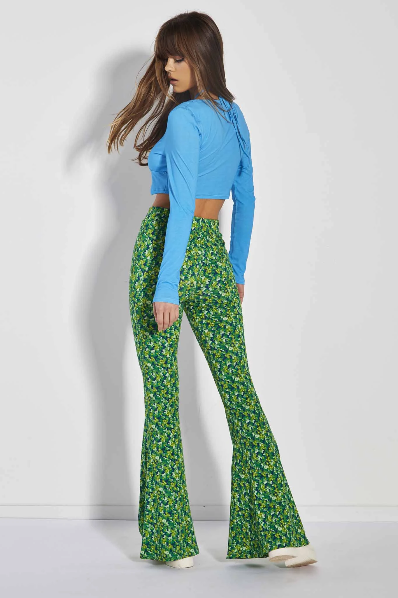 Glamorous Care Lime Blue Floral Skinny Fit Flared Trousers 2 Glamorous Care Lime Blue Floral Skinny Fit Flared Trousers - Image 2