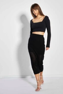 Glamorous Care Black Long Sleeve Square Neck Crop Top -Cheap Softly Dressed Store CA0379 BK 03