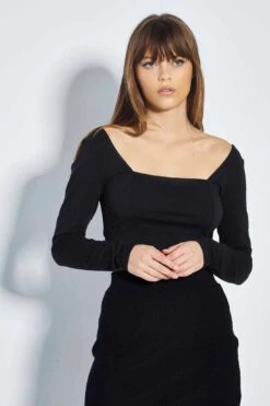 Glamorous Care Black Long Sleeve Square Neck Crop Top -Cheap Softly Dressed Store CA0379 BK 04