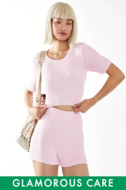 Glamorous Candy Pink Rib Knit -Shorts