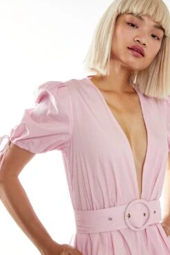 Glamorous Candy-Pink Puff-Sleeve Belted Playsuit -Cheap Softly Dressed Store CA0442 BM59 03