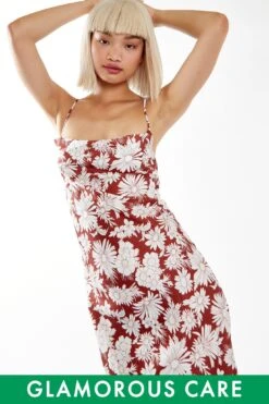 Glamorous Brown Resort-Floral Cowl-Neck Strappy Midi-dress