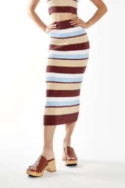 Glamorous Blue-Brown Stripe Rib Knit Midi-Skirt -Cheap Softly Dressed Store CA0462 DG53 01