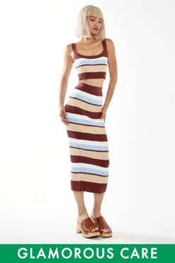 Glamorous Blue-Brown Stripe Rib Knit Midi-Skirt