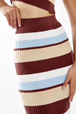 Glamorous Blue-Brown Stripe Rib Knit Midi-Skirt -Cheap Softly Dressed Store CA0462 DG53 04